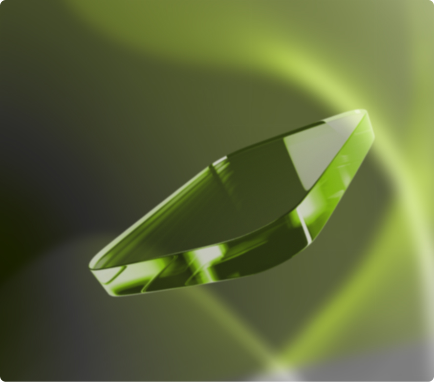 A glass rectangle on an abstract background in green and grey.